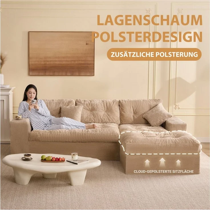 LITBIRD Ecksofa 3-Sitzer Sofa mit Marshmallow-Softpolster & Modulares Recamiere Sofa, 1 Teile, Cordstoff Schlafsofa & Relaxsofa, Wohnzimmer Sofa – Bild 3