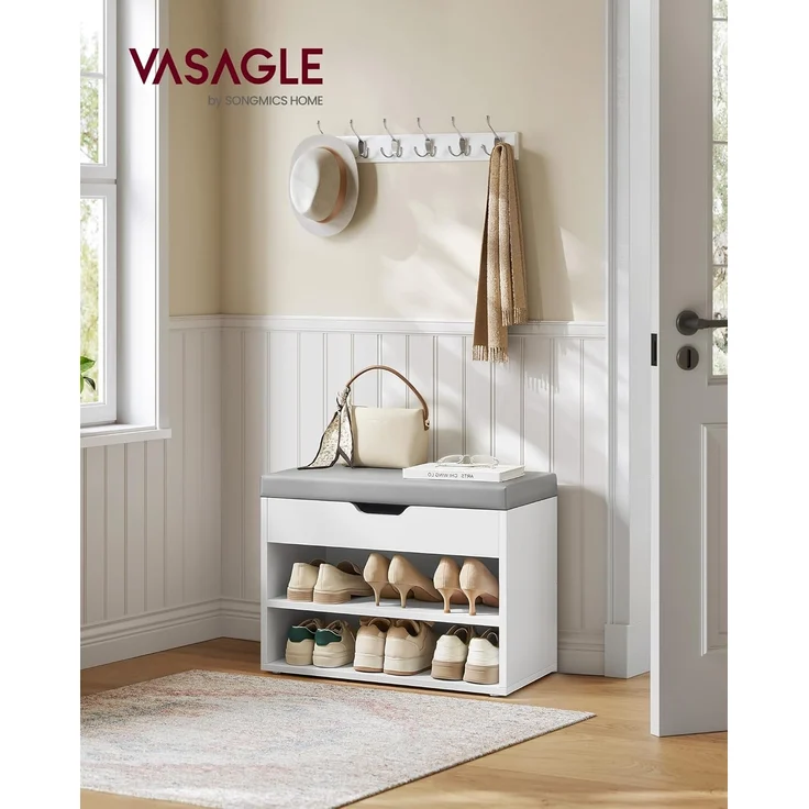 VASAGLE Schuhbank, Sitzbank, Schuhregal mit gepolstertem Kissen, Schuhorganizer mit 3 Ebenen, 30 x 60 x 44 cm, für Flur, Wohnzimmer und Schlafzimmer, wolkenweiß LHS020W01 – Bild 2