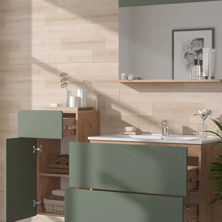 Vichy Badmöbelset Izan, 4-teiliges Badmöbel-Set in Goldkraft Eiche und Grün mit Midischrank – Bild 4