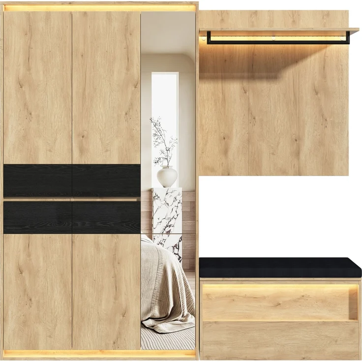 Garderoben-Set aus MDF mit LED-Beleuchtung, Spiegel und Sitzbank, 200x47x200 cm, Eiche – Bild 5
