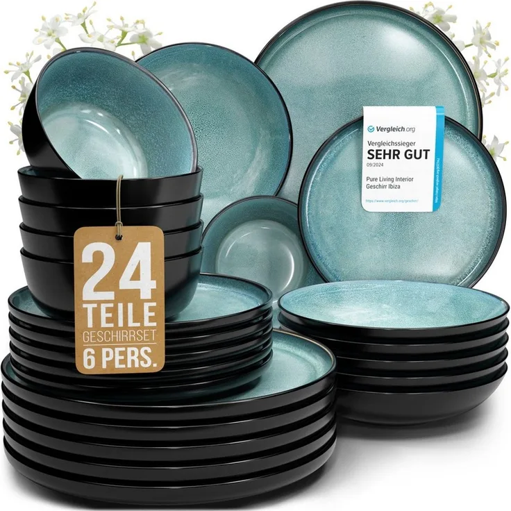 PURE LIVING INTERIOR DESIGN Geschirr-Set Pure Living »Ibiza« (24-tlg), 6 Personen, Steingut, Petrol, 6 Personen, Steingut, Mediterrane Handwerksoptik, Reaktive Glasur – jedes Stück einzigartig…