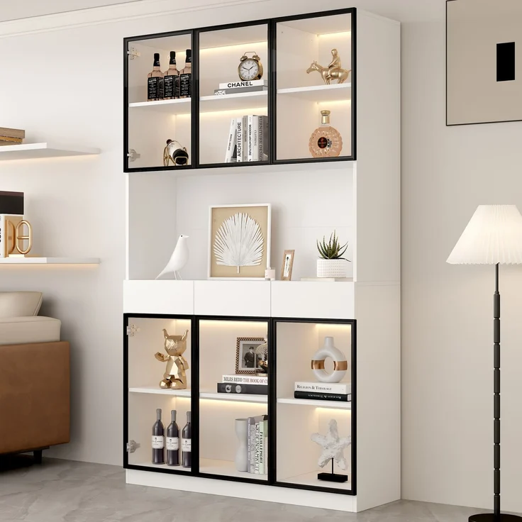 Glasschrank Tür 200cm hoch Weißer Vitrinenschrank mit LED Lichtern, Multi Storage Bücherregal für Sammlung Schlafzimmer Wohnzimmer Büro, Weiß - Schwarzer Türrahmen--Weiß--120x36x200cm--YOUDENOVA – Bild 1