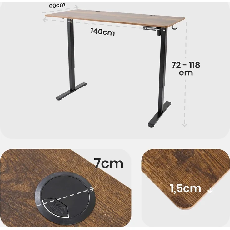 Arebos Schreibtisch Computer-Bürotisch 140 x 60 cm, elektrisch Memory-Funktion, 72-118 cm höhenverstellbar, Hebekapazität: 50 kg – Bild 3