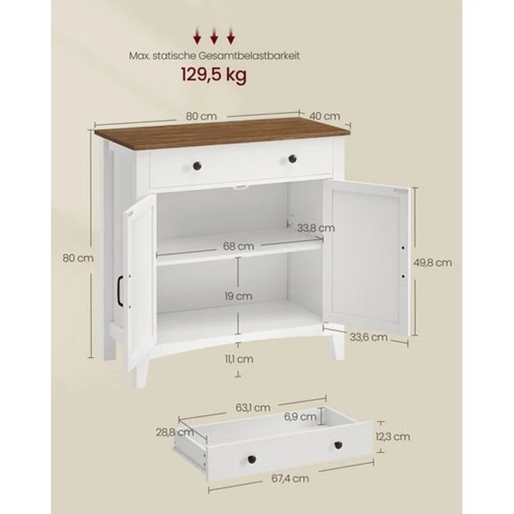 VASAGLE Küchenschrank, Sideboard mit Schubladen, Aufbewahrungsschrank mit Türen, verstellbare Ablage, Landhausstil, für Wohnzimmer Küche, 40 x 80 x 80 cm, wolkenweiß-honigbraun BBKDE341W02 – Bild 5