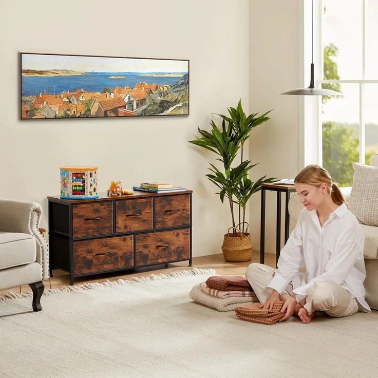 Sweetcrispy Kommode,Sideboard Wohnzimmer für Schlafzimmer mit 5 Stoffschubladen,Einstellbare Füße Schubladenschrank,Komodenschrank für Schlafzimmer,Modernes Braun – Bild 2