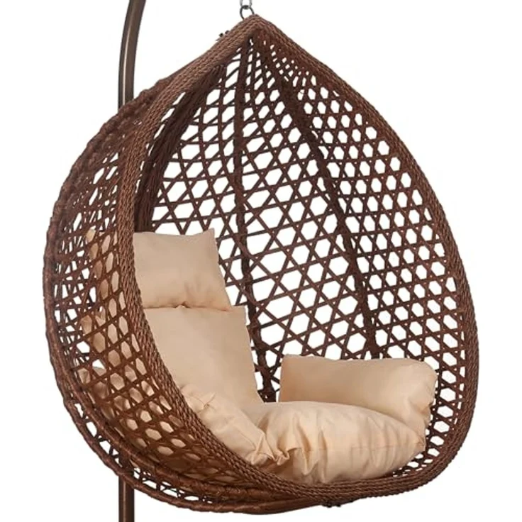 Luxus Hängesessel Style XXL Rattan Korb und Gestell Braun mit Relaxkissen Beige – Bild 6