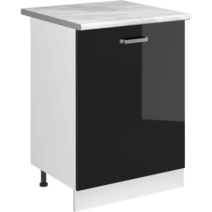 Küchenunterschrank R-Line Schwarz Hochglanz/Weiß 60 cm mit 1 Tür Arbeitsplatte Marmor Vicco – Bild 1