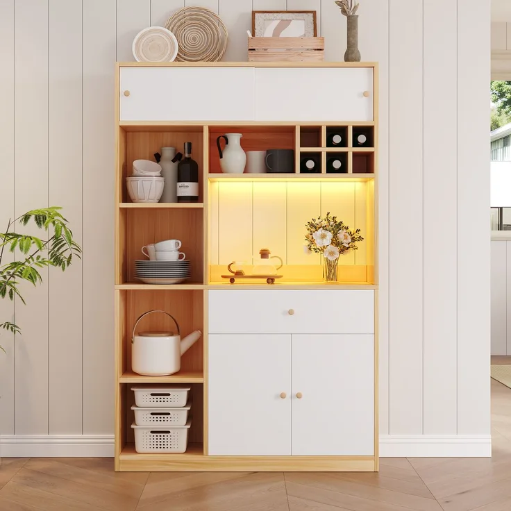 ZUBALIYA Buffetschrank 115x35x180 cm, mit LED-Beleuchtung, aus Spanplatte, Weiß / Natur
