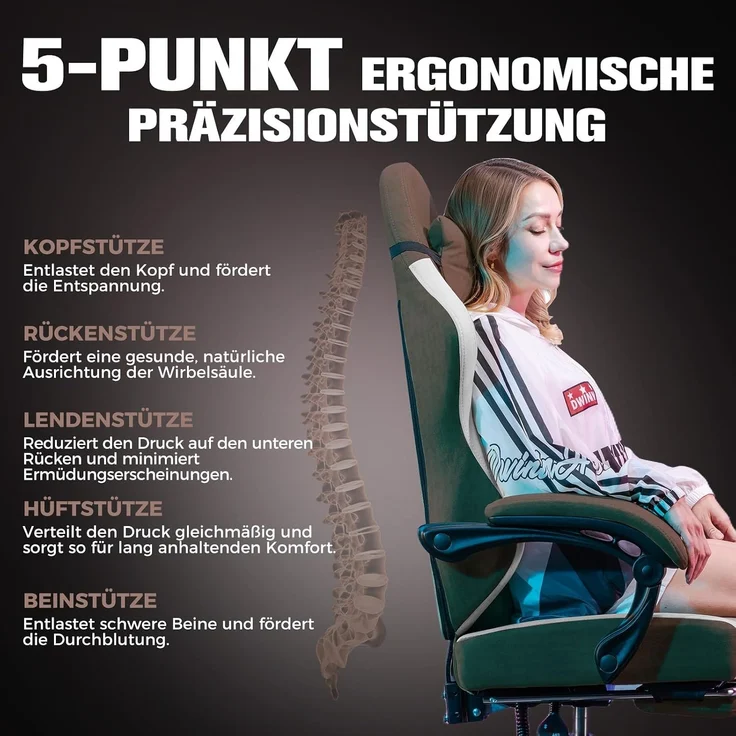 GTPLAYER Gaming Stuhl Ergonomischer, PC Stuhl Atmungsaktiver Stoff, Groß und Hoch Drehbarer Schreibtischstuhl mit Fußstütze,Verstellbare Lendenwirbelstütze und Kopfstütze,Braun – Bild 5