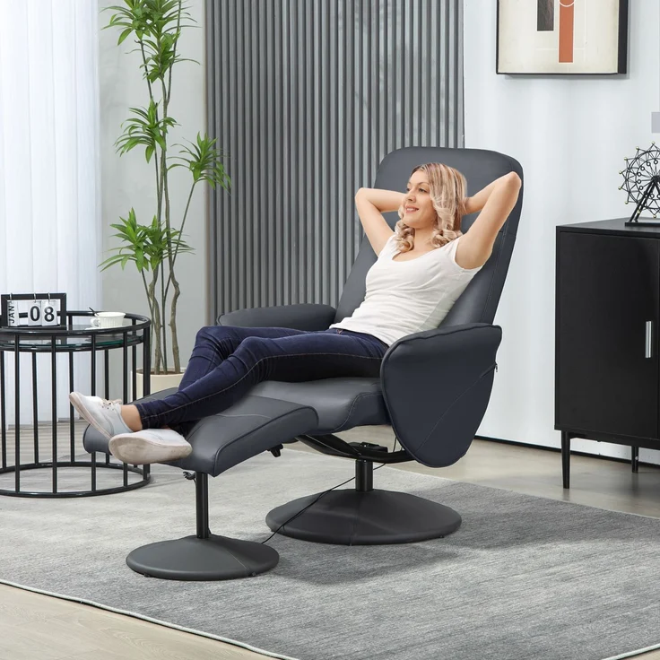 HOMCOM Relaxsessel mit Fußhocker, Kunstleder, Stahl, Dunkelgrau, 76B x 81T x 105H cm – Bild 2