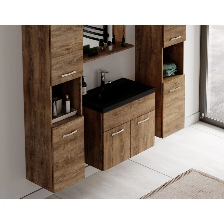 Badplaats Badmöbel Komplettset Montreal XL 60x35 cm Braun Eiche - Badezimmermöbel mit Schwarze Waschbecken, Spiegel und 2 Badezimmerschränke – Bild 5