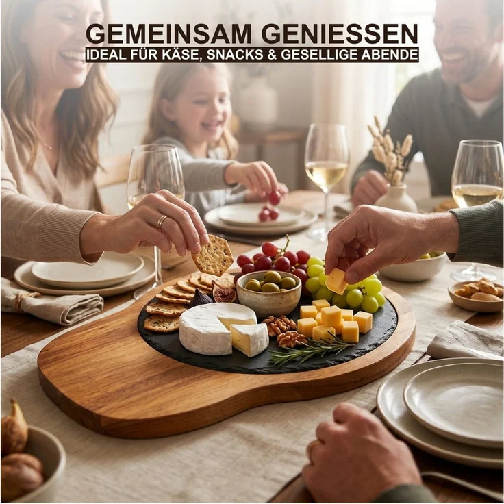 hausleben Servierbrett aus Akazienholz mit Schiefereinsatz, (Set, 1-St, 1-teiliges Set bestehend aus einem Akazienholz-Servierbrett), 29x23 cm, Rustikale Eleganz für Käse, Snacks & Deko – Bild 3