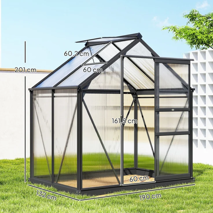 Wohnora-Gewächshaus aus Polycarbonat, 190 x 132 x 201 cm, UV-beständig 30+, verstärktes Fundament, Dachrinne, grau,H 2010cm x T 1350cm x B 1320cm – Bild 4