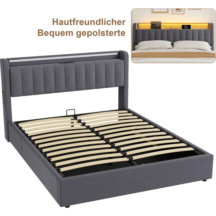 Polsterbett 180 x 200 cm aus Samt mit integriertem Stauraum, USB-Anschluss und LED-Beleuchtung, Dunkelgrau – Bild 8
