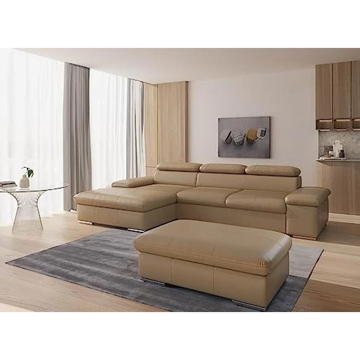 CAVADORE Echtleder-Schlafcouch Valerie mit XL-Longchair / Ecksofa mit Bettfunktion, Kopfteilverstellung + großem Longchair / 286 x 73 x 174 / Leder Beige – Bild 2