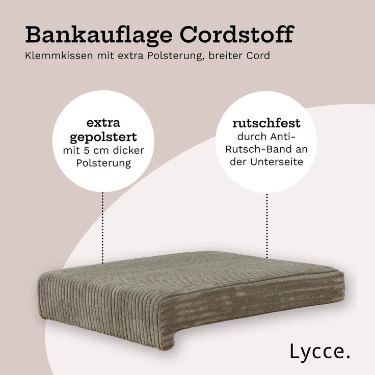 Lycce Bankauflage Klemmkissen mit Leiste - Cord, Polsterung, rutschfest Taupe 8x40x38cm – Bild 3