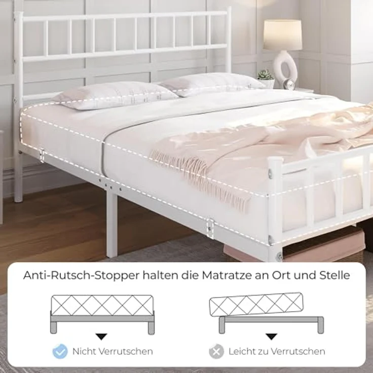 Yaheetech Metallbett 140x200 cm Bettrahmen mit Kopfteil Bettgestell aus Metall Gästebett mit Lattenrost für Schlafzimmer Gästezimmer Weiß – Bild 6