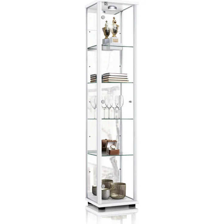 K-Möbel Glasvitrine, Rechteckig, Weiß, 4 Fächer, 37x176x33 cm, Vitrinenschrank für Wohnzimmer