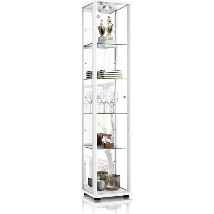 K-Möbel Glasvitrine, Rechteckig, Weiß, 4 Fächer, 37x176x33 cm, Vitrinenschrank für Wohnzimmer