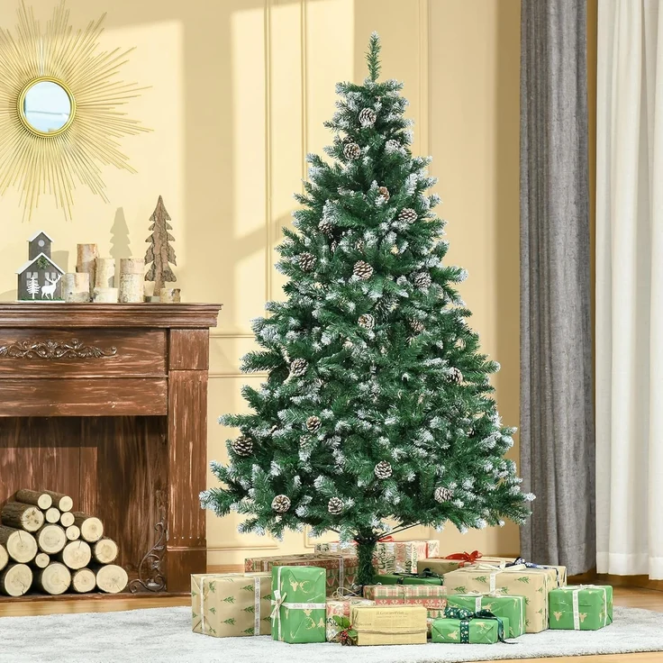 HOMCOM Künstlicher Weihnachtsbaum mit 59 Zapfen, Schnee, 1111 Spitzen, Kieferbaum, Weihnachtsdeko inkl. Metallständer für drinnen – Bild 2