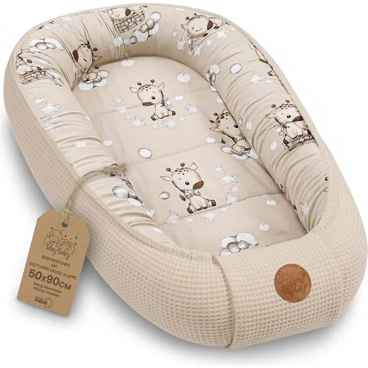Babynest Neugeborene Nestchen Baby - 90x50 cm Kokon Handmade zweiseitig aus Waffel Piqué Baumwolle Schlummer Giraffen