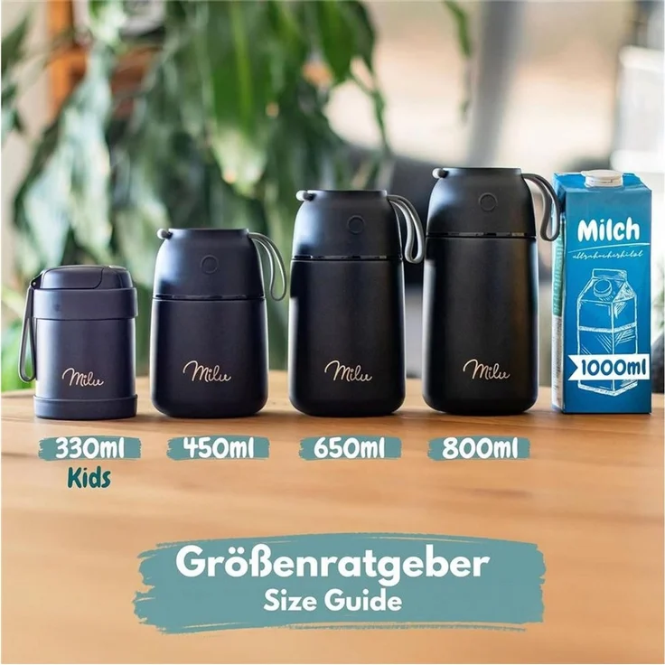 Milu® Thermobehälter für Essen 650ml, Edelstahl Warmhaltebehälter mit Löffel, Thermobecher Essen, Thermo Lunchbox für Kinder, Erwachsene, Thermobox Suppen, Babybrei, Speisebehälter Schwarz, 650ml – Bild 4
