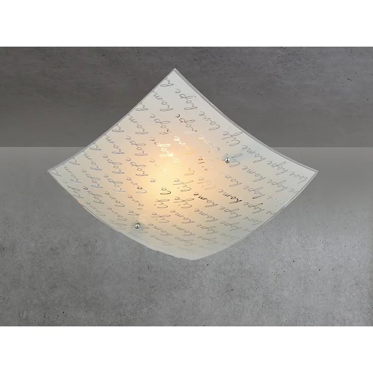 LED Deckenleuchte mit Glasschirm Weiß & Schriftdekor, Quadrat 30cm
