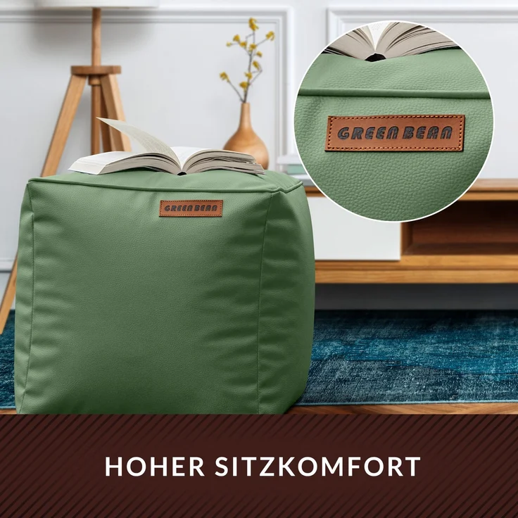 Green Bean® Sitzhocker aus Kunstleder - Pouf mit EPS Perlen Füllung - 40 x 40 cm - perfekte Ergänzung zum Sitzsack - Hellgrau-Grün – Bild 5