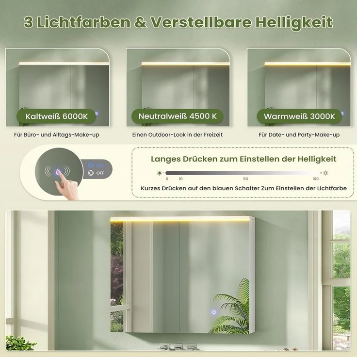 MSMASK Badezimmerspiegelschrank mit LED-Beleuchtung und Steckdose, Lichtschalter, 3 Farbtemperaturen (1-St) 3-stufig höhenverstellbare Ablage – Bild 3