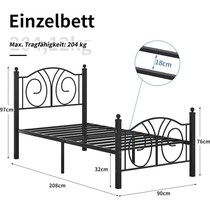 VECELO Bettrahmen 90x200 cm, Metallbett mit Hohem Kopfteil und Fußteil, Moderner Minimalistischer Jugendbett für Schlafzimmer Gästezimmer Viel Stauraum unter dem Bett, Schwarz – Bild 2
