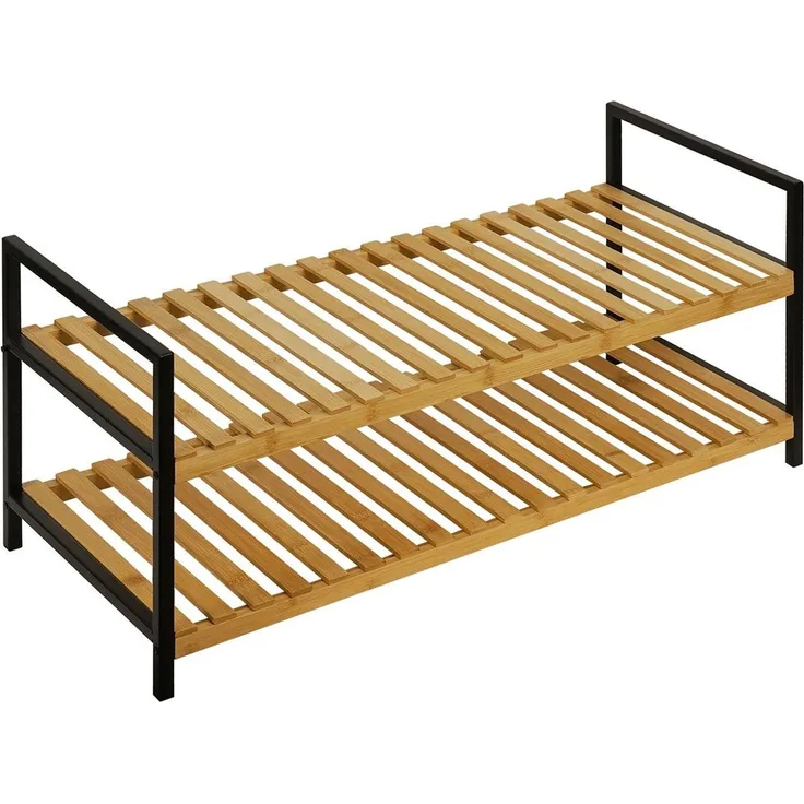 Schuhbank Charlie / 300.001745, Bambus, Stahl, Schwarz, Holzfarben, 70 x 32 x 30 cm