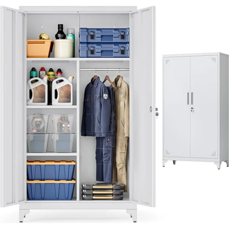 SONGMICS Mehrzweckschrank, Garderobenschrank, Aufbewahrungsschrank, Aktenschrank, Metallschrank, mit 2 Türen, 5 Fächern, Hängestange, abschließbar, hohe Füße, 80 x 40 x 165 cm, mattgrau OMC018GJ01 – Bild 2