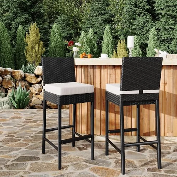 GarveeHome 2er Set Rattan-Hochstühle Mit Metallrahmen, Gepolsterte Outdoor-Barhocker Mit Rückenlehne Und Fußstütze, Wetterfester Stuhl, Für Terrasse Und Strand, 40,6 x 45 x 103,4 cm – Bild 4
