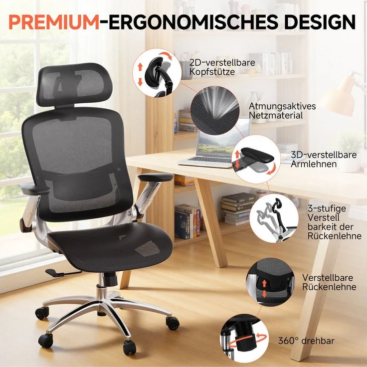 COMHOMA Bürostuhl, ergonomischer schreibtischstuhl mit Mesh, 2D-Kopfstütze, 4D-Armlehnen, Hohe Rückenlehne mit Wipp- & Feststell (90-125°), extra breite Sitzfläche, Belastbarkeit 180 kg, Schwarz – Bild 3