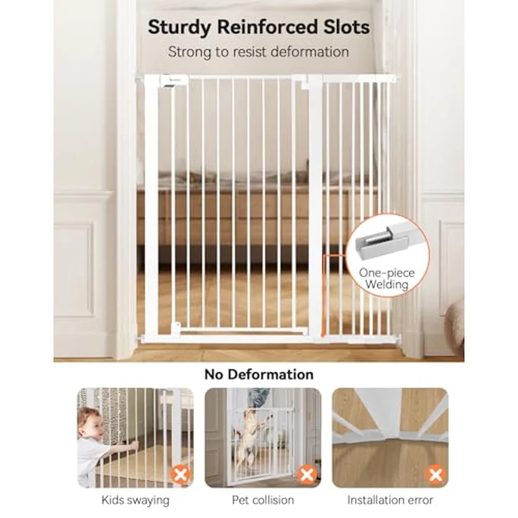COMOMY 107 cm Extra Hoch Türschutzgitter, 75-110 cm Breit Treppenschutzgitter ohne Bohren, Türgitter für Baby, Kinder, Hund und Katze, Metall, Automatisches Schließen, 90°Stop (Weiß) – Bild 5
