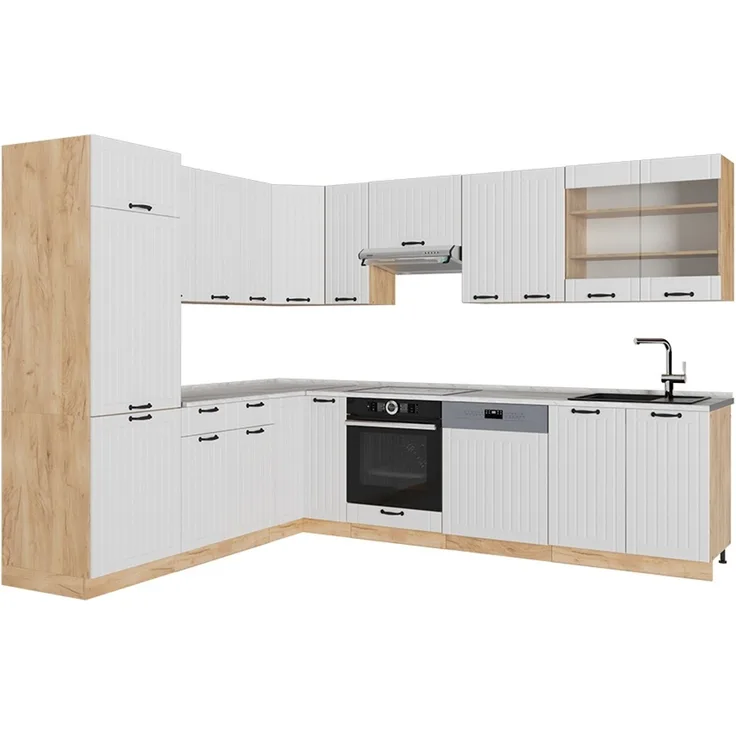 Eckküche Fame-Line Weiß Landhaus/Goldkraft Eiche 287 x 227 cm, AP Marmor Vicco