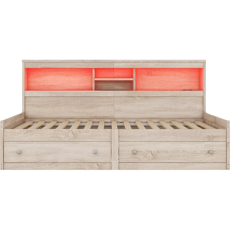 Holzbett mit LED-Beleuchtung und Stauraum, 90x200 cm, Einzelbett mit Mehrfachsteckdose und Lattenrost, Jugendbett – Bild 7