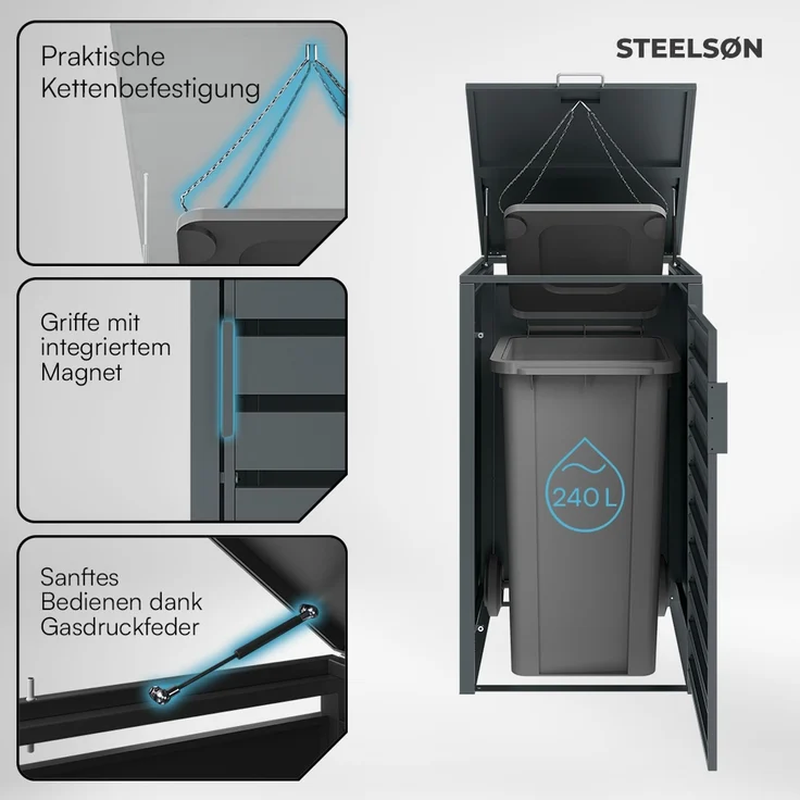 STEELSØN 'Kestra' Mülltonnenbox 1er 240 Liter, anthrazit, Mülltonnenverkleidung aus Stahl, wetterfest, 116x80x69 cm, Müllbox für 1 Tonne – Bild 3