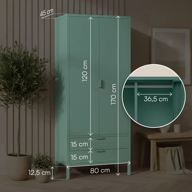 skølm 'Ituri' Kleiderschrank mit 2 Schubladen, Metall, 170x45x80 cm, dunkelgrün, Garderobe mit 4 Fächern und 2 Kleiderstangen – Bild 7