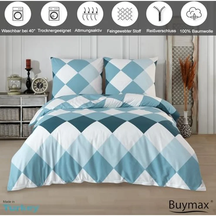 Buymax Bettwäsche Anaga, Bettgarnitur, Bettbezug Set, Renforce: 100% Baumwolle, 2 teilig, mit Reißverschluss, modern gemustert, Karo, Blau, Petrol, 135x200 cm – Bild 3