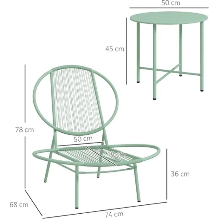 Outsunny Balkonset mit Bistrotisch, ergonomische muschelförmige Gartenstühlen, (3-teilig Gartenmöbel-Set, 3-tlg, Bistro-Set aus Stahl), für den Außenbereich, Balkon, Grün – Bild 7