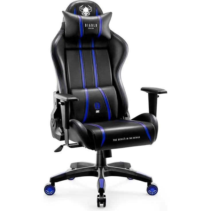 Diablo X-One 2. 0 Gaming Stuhl Gamer Chair Bürostuhl Schreibtischstuhl Verstellbare Armlehnen Ergonomisches Design Nacken/-Lendenkissen Wippfunktion Blau Normal (L)