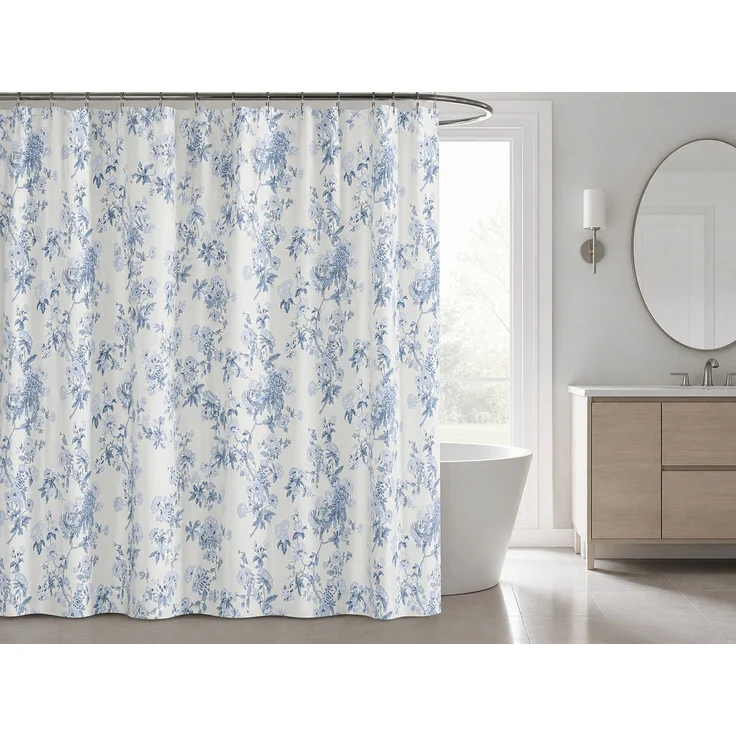 Duschvorhang mit Digitaldruck Blumenmuster wasserabweisend Weiß-Blau, 300x180 cm – Bild 2