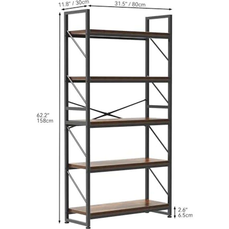 YITAHOME Bücherregal mit 5 Ebenen, Großes Standregal, Holzregal und Metallrahmen, Industrieregal, Bodenstehendes Lagerregal, für Wohnzimmer, Home Office, Vintagebraun Regal – Bild 3