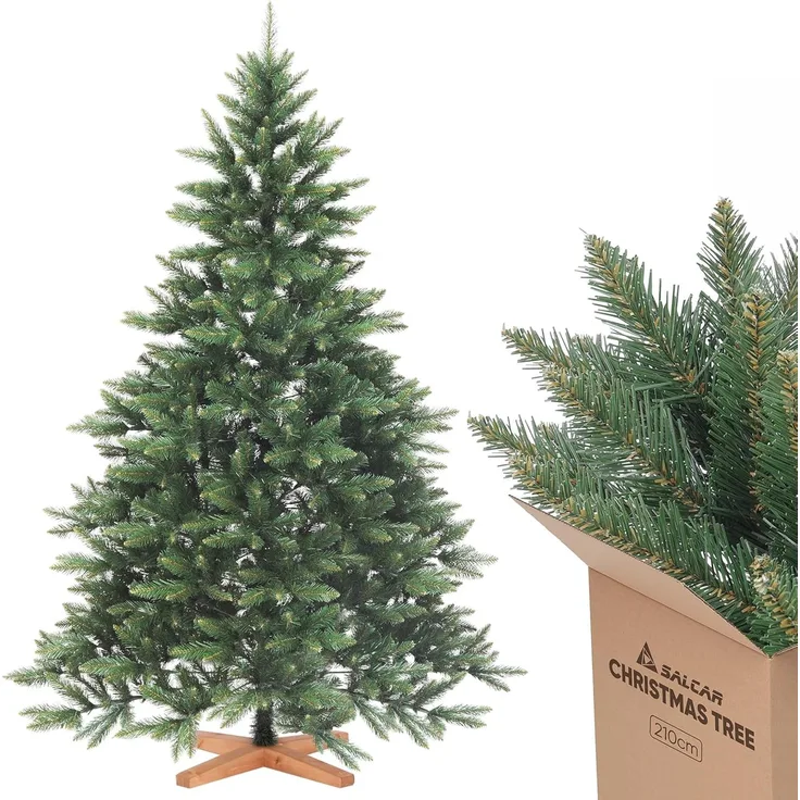 SALCAR 210cm Weihnachtsbaum Künstlich mit Holzständer, PVC Nadeln, Realistischer Christbaum, Hochwertige Dekoration für Innenräume, Einfacher Aufbau