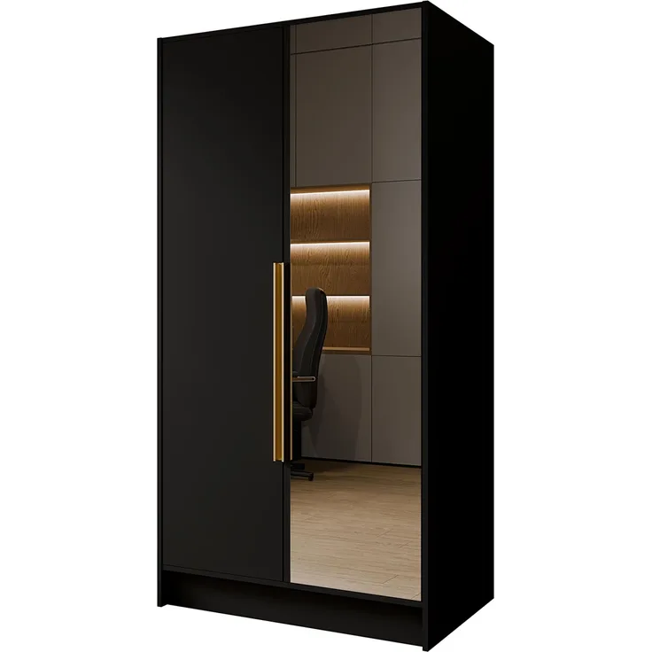 MEBLINI Kleiderschrank LUSINDA 100cm - Schwarz Matt - mit goldfarbenen Griffen - Drehtürenschrank mit einem Spiegel - Kleiderstangen und Regalböden