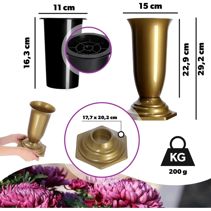 KADAX Vase, Fläschchen für Friedhofsgrab, goldener Grabstein, 29 cm – Bild 3