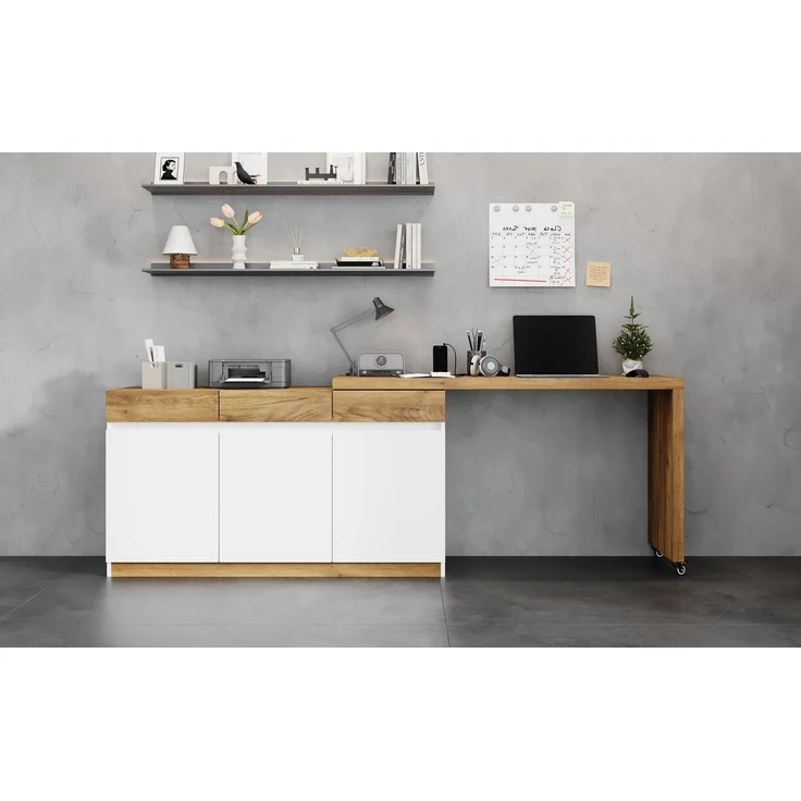 ZUBALIYA Schreibtisch mit feststellbaren Rollen – multifunktionales Design, 4 cm dickere, drehbare Tischplatte, fest arretierbar, weiß/Eiche, Faltbarer Schreibtisch, Eckschreibtisch, Sideboard,Dicke Materialie,Weiß Eiche – Bild 22