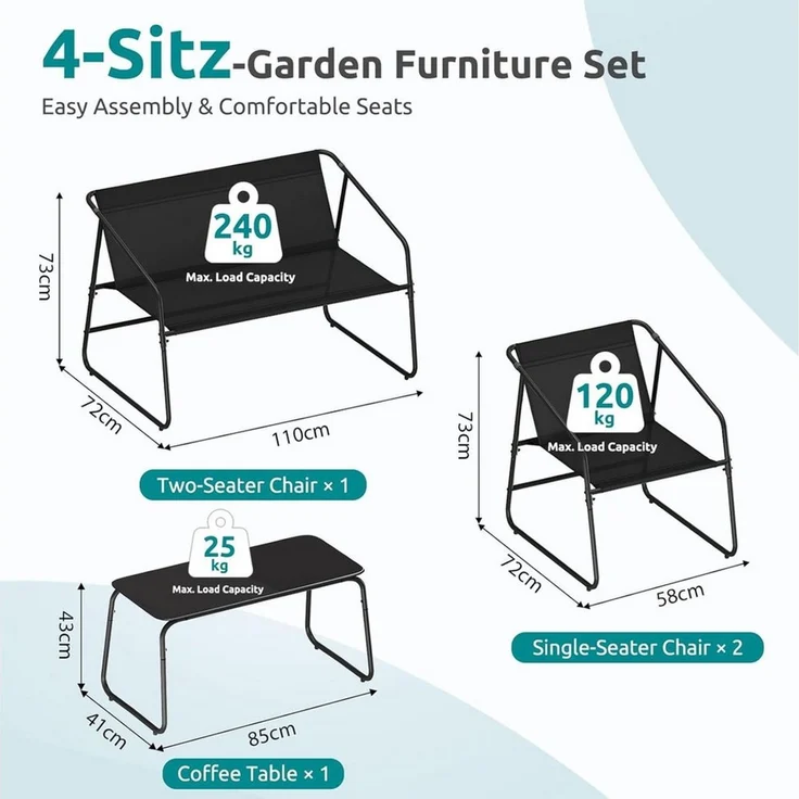 TLGREEN Gartenlounge-Set Gartenmöbel Set 4 Teilig, (Klapptisch und Stühle Set für 4 Personen, Textilene Balkonmöbel mit 2er Sofa, 2 Stühlen & Glastisch), Wetterfeste Outdoor Sitzgruppe für Terrasse Garten – Bild 2