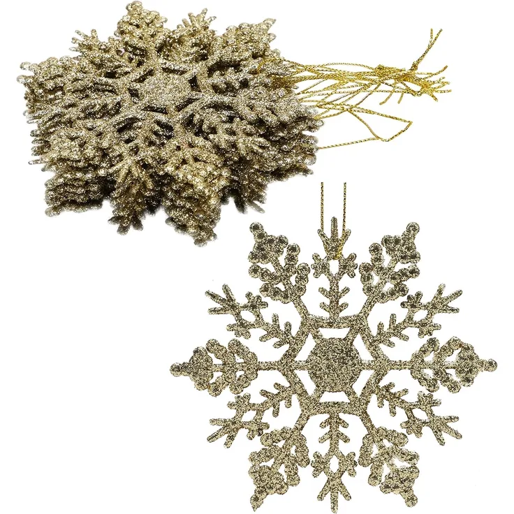 12 Stück – Glitzernde Schneeflockenornamente, Weihnachtsdeko für Party & Baum (Gold, 10 cm)